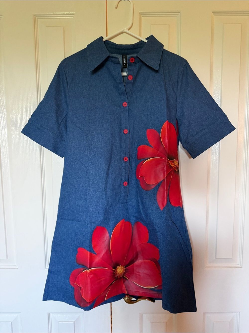 STYLEWE Blue Midi Dress with Red Floral Print